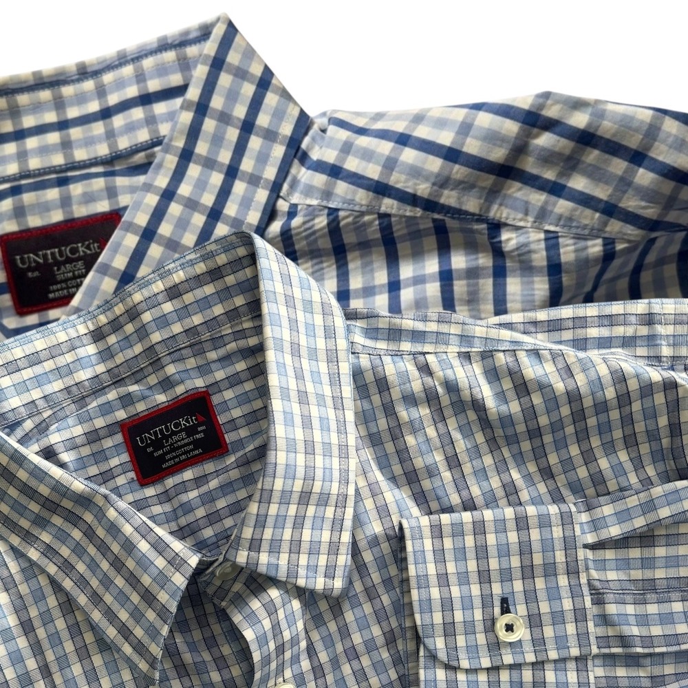UNTUCKit Men's Large Shirt Bundle Blue Check Slim Fit‎ Wrinkle Free Cotton Lot